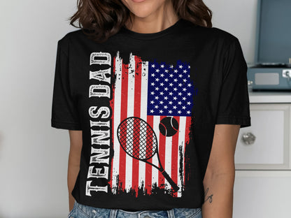 Black t-shirt with American flag and "Tennis Dad" text.