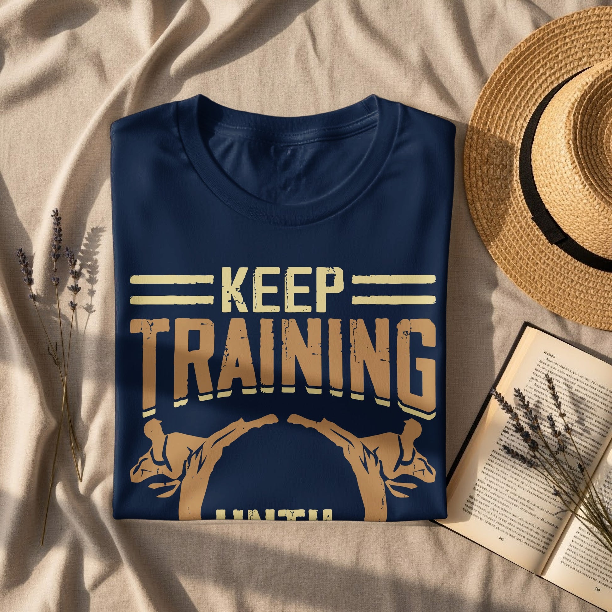 Navy t-shirt with "KEEP TRAINING" text and karate silhouettes.
