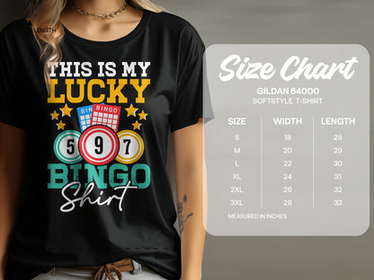Black t-shirt with "THIS IS MY LUCKY BINGO Shirt" and bingo balls.