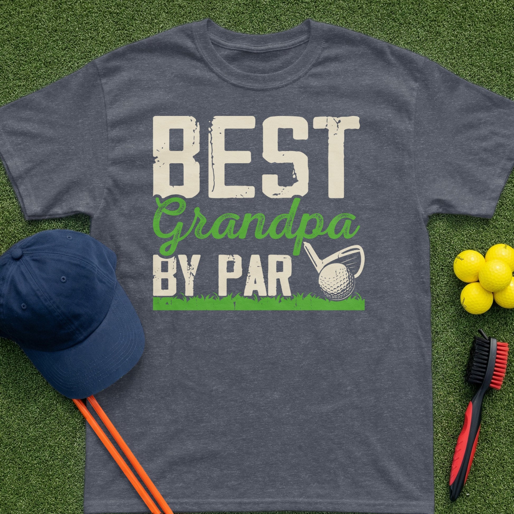 Dark t-shirt with "BEST Grandpa BY PAR" text and golf ball.