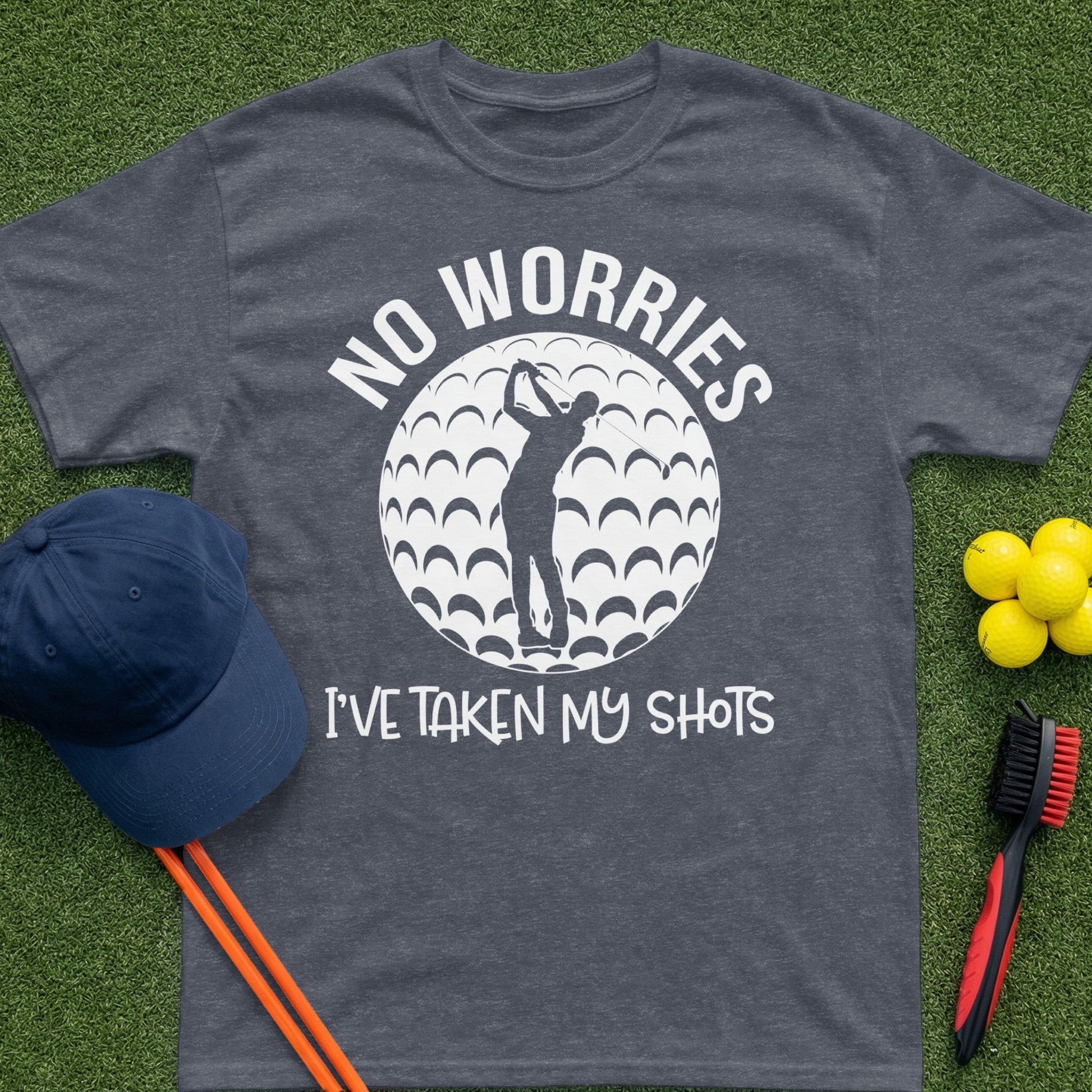 Dark gray t-shirt with white text and golf ball graphic.