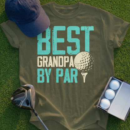 Olive green t-shirt with "BEST GRANDPA BY PAR" text and golf elements.
