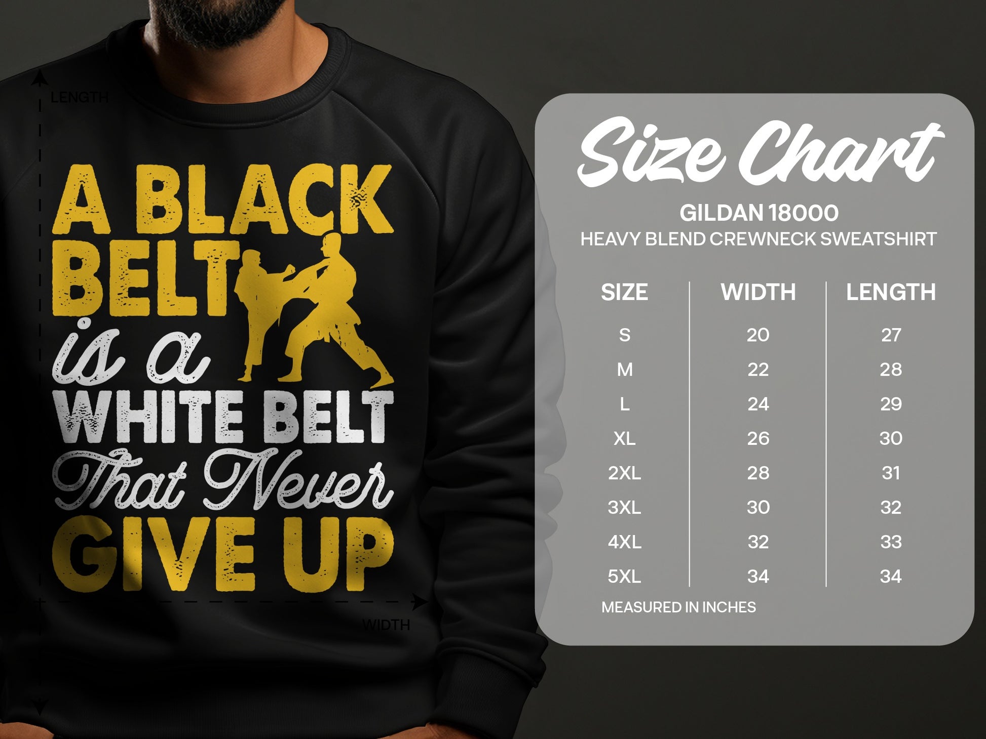 Black belt graphic on sweatshirt with size chart for Gildan 18000 crewneck.
