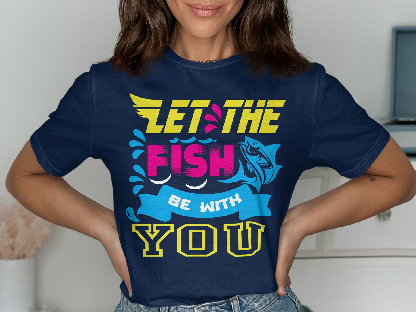 Navy t-shirt with text "Let the fish be with you" and fish graphic.