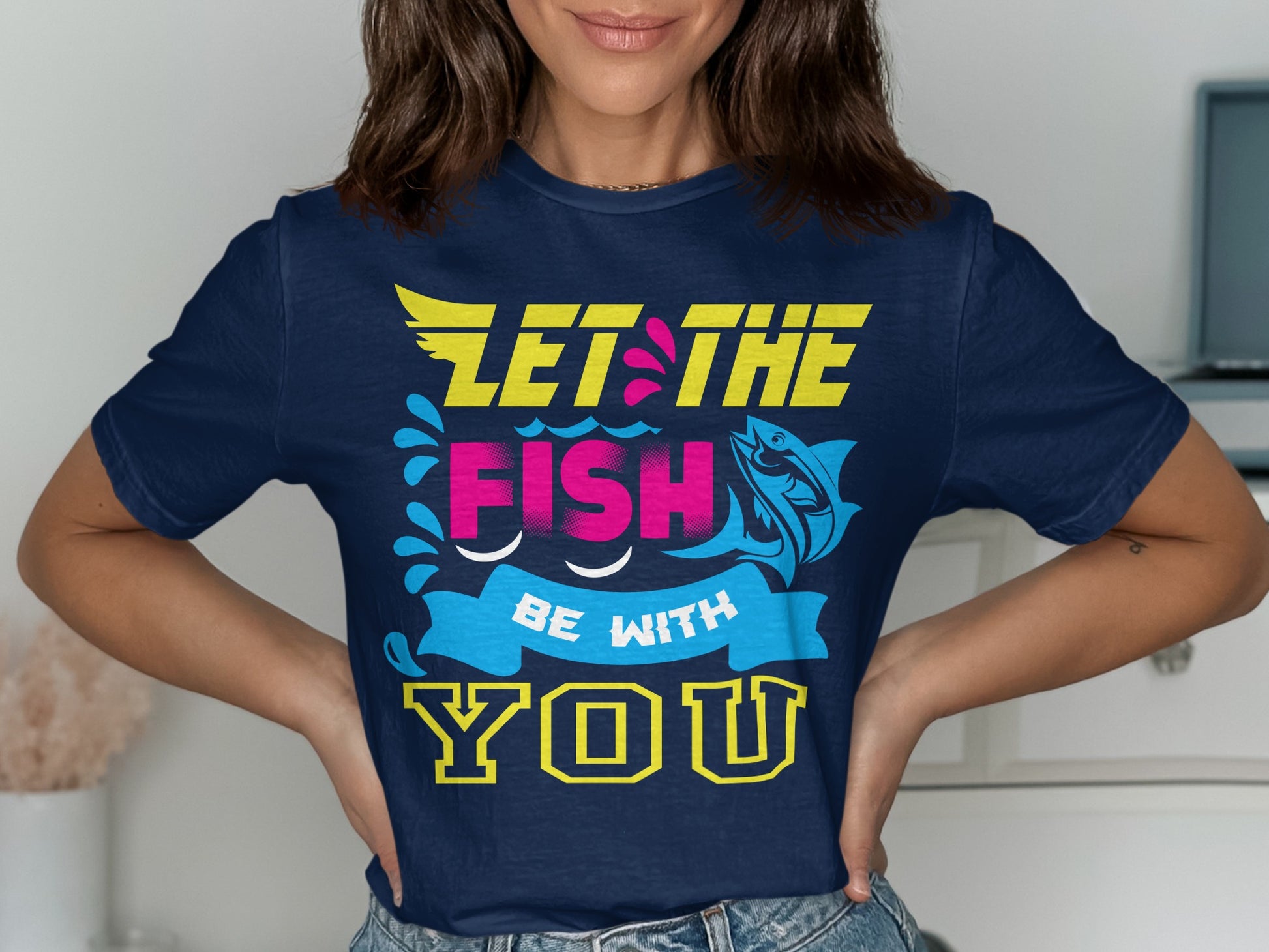 Navy t-shirt with text "Let the fish be with you" and fish graphic.