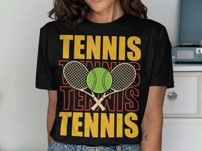 Black t-shirt with "TENNIS" repeated in yellow and orange, and a tennis ball and rackets.