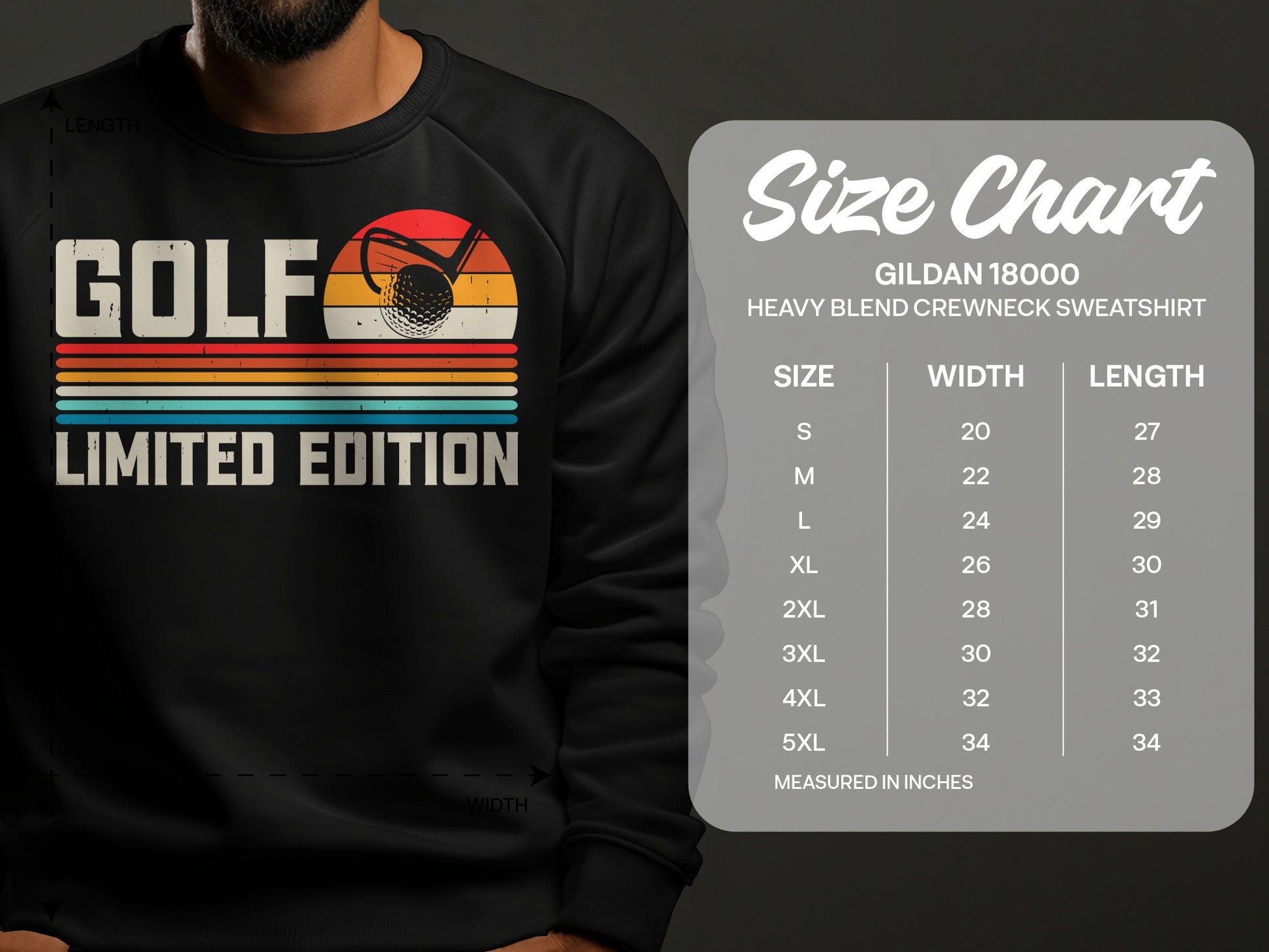 Gildan 18000 sweatshirt size chart with golf graphic.