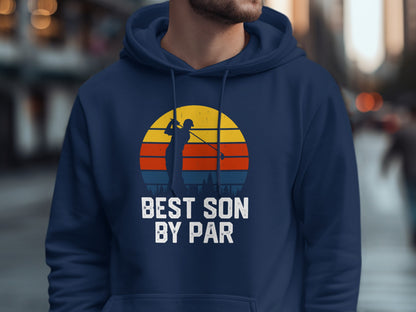 Navy hoodie with "BEST SON BY PAR" text and a golfer silhouette against a sunset.