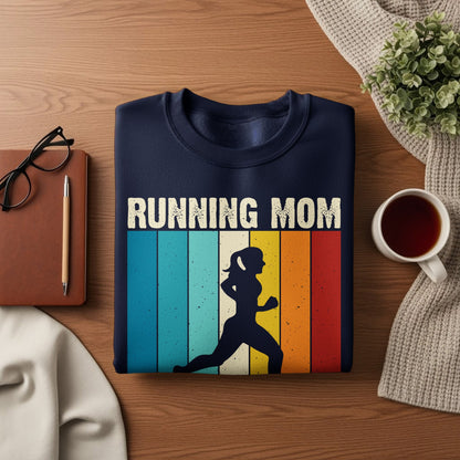 Navy sweatshirt with "Running Mom" and silhouette of a running woman.