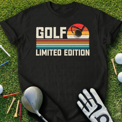 Black t-shirt with "GOLF LIMITED EDITION" in retro stripes and golf ball graphic.