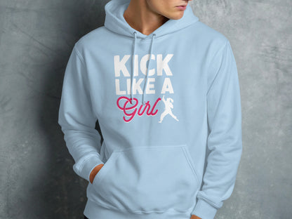 Light blue hoodie with "KICK LIKE A GIRL" in white and pink text with a female runner graphic.