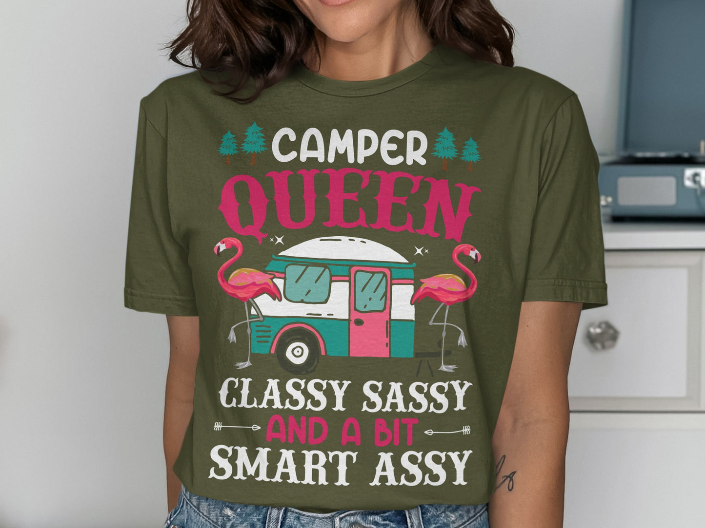 Camper Queen t-shirt with flamingoes, a camper, and text "Classy Sassy and a Bit Smart Assy."