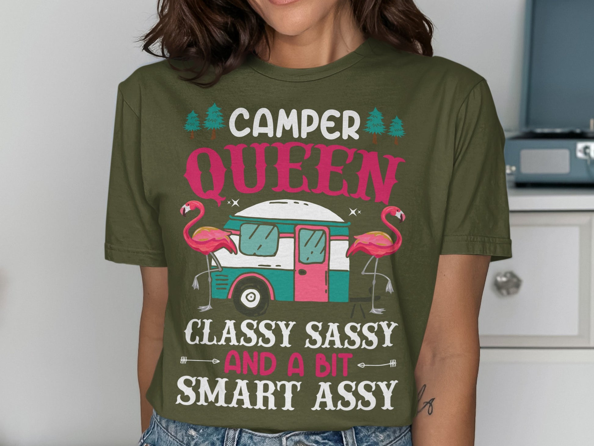 Camper Queen t-shirt with flamingoes, a camper, and text "Classy Sassy and a Bit Smart Assy."