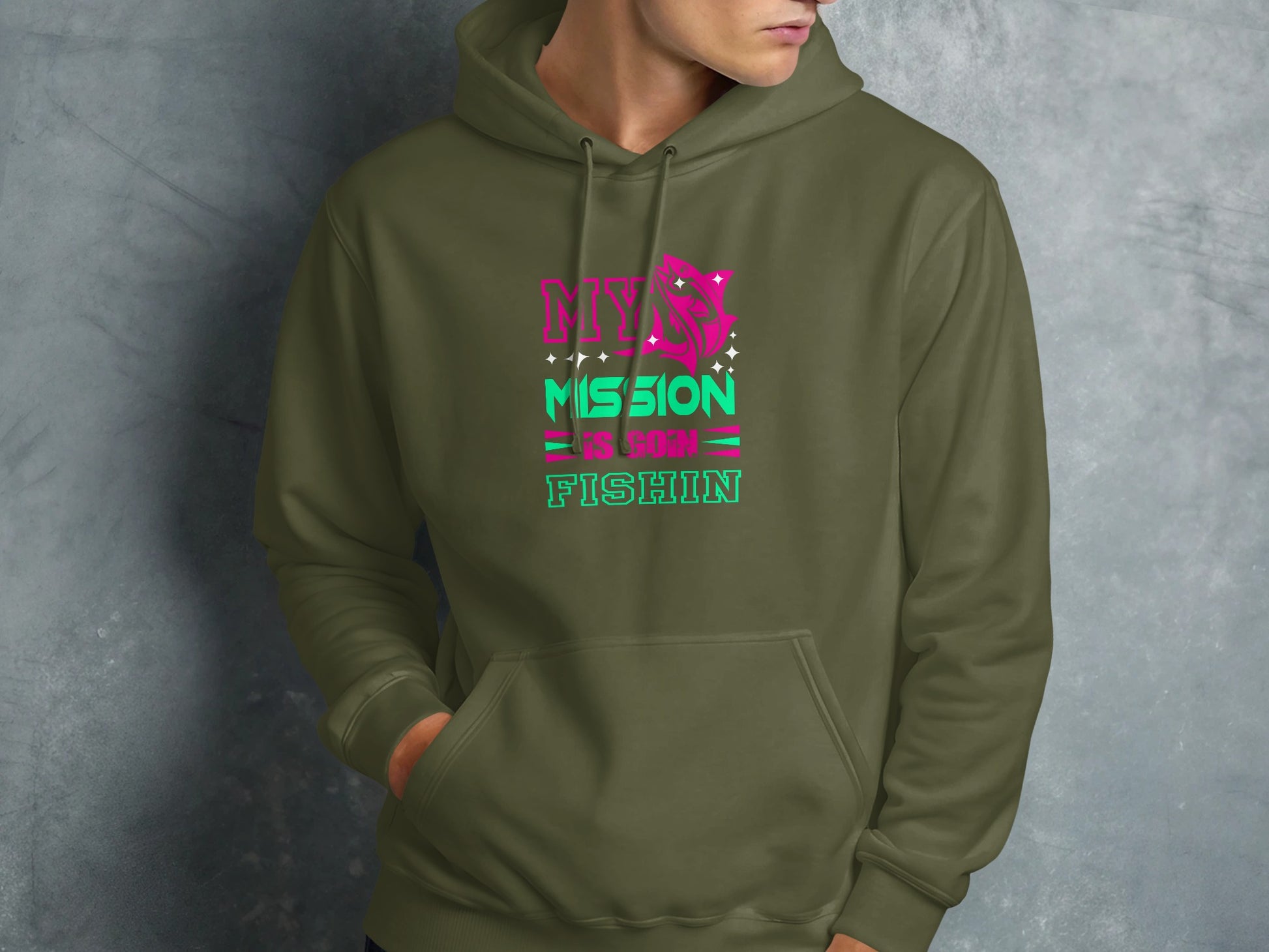 Olive hoodie with "MY MISSION IS BORN FISHIN" text and fish graphic.