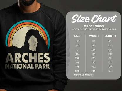 Arches National Park sweatshirt with size chart.