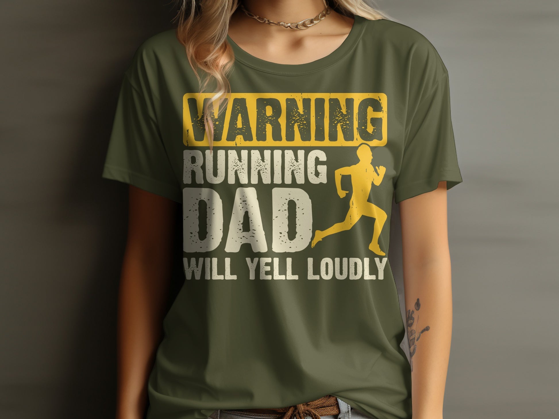 Olive t-shirt with "WARNING RUNNING DAD WILL YELL LOUDLY" and runner graphic.