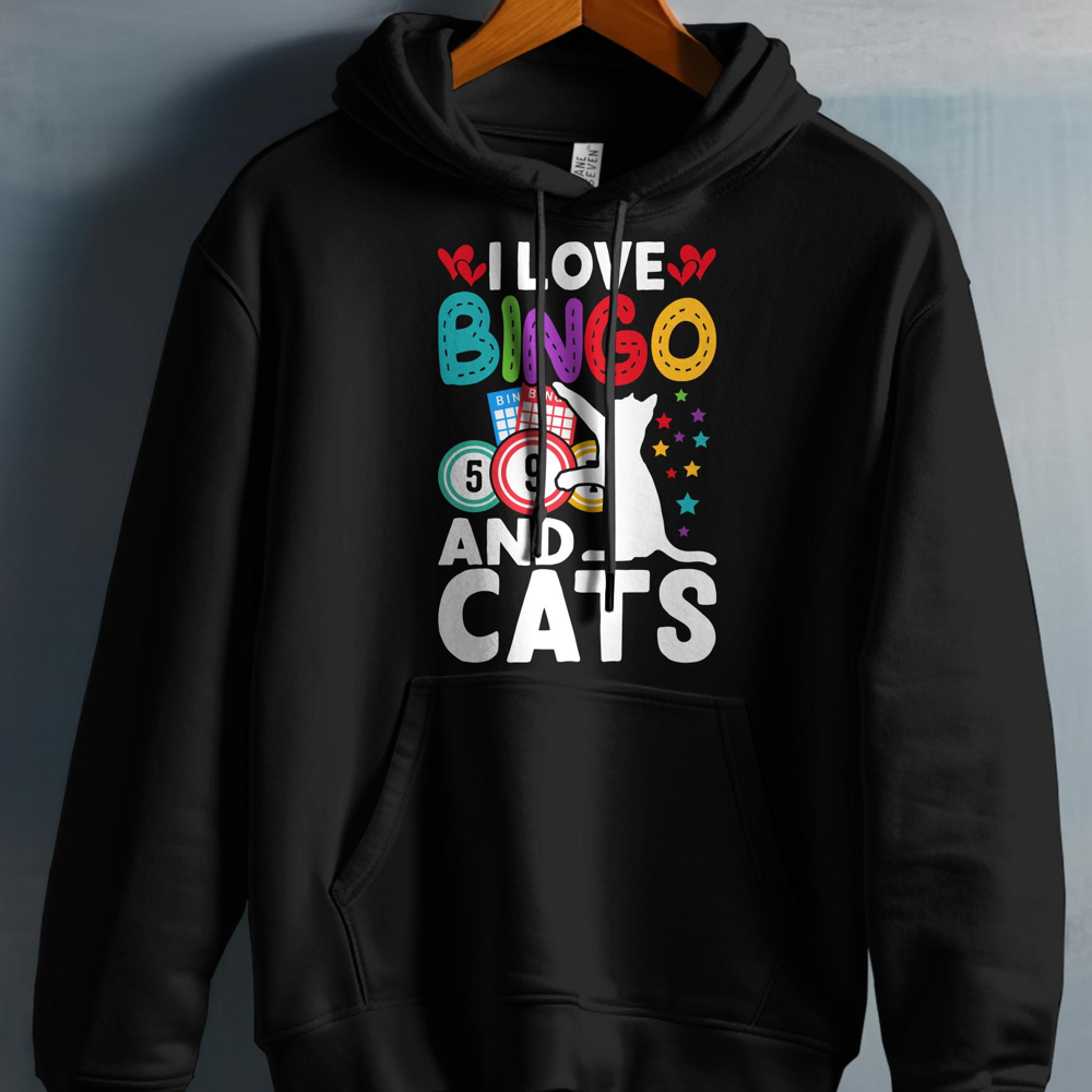 Black hoodie with "I love Bingo and Cats" graphic and bingo balls.