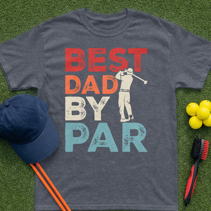 Dark t-shirt with "BEST DAD BY PAR" text and golfer graphic.