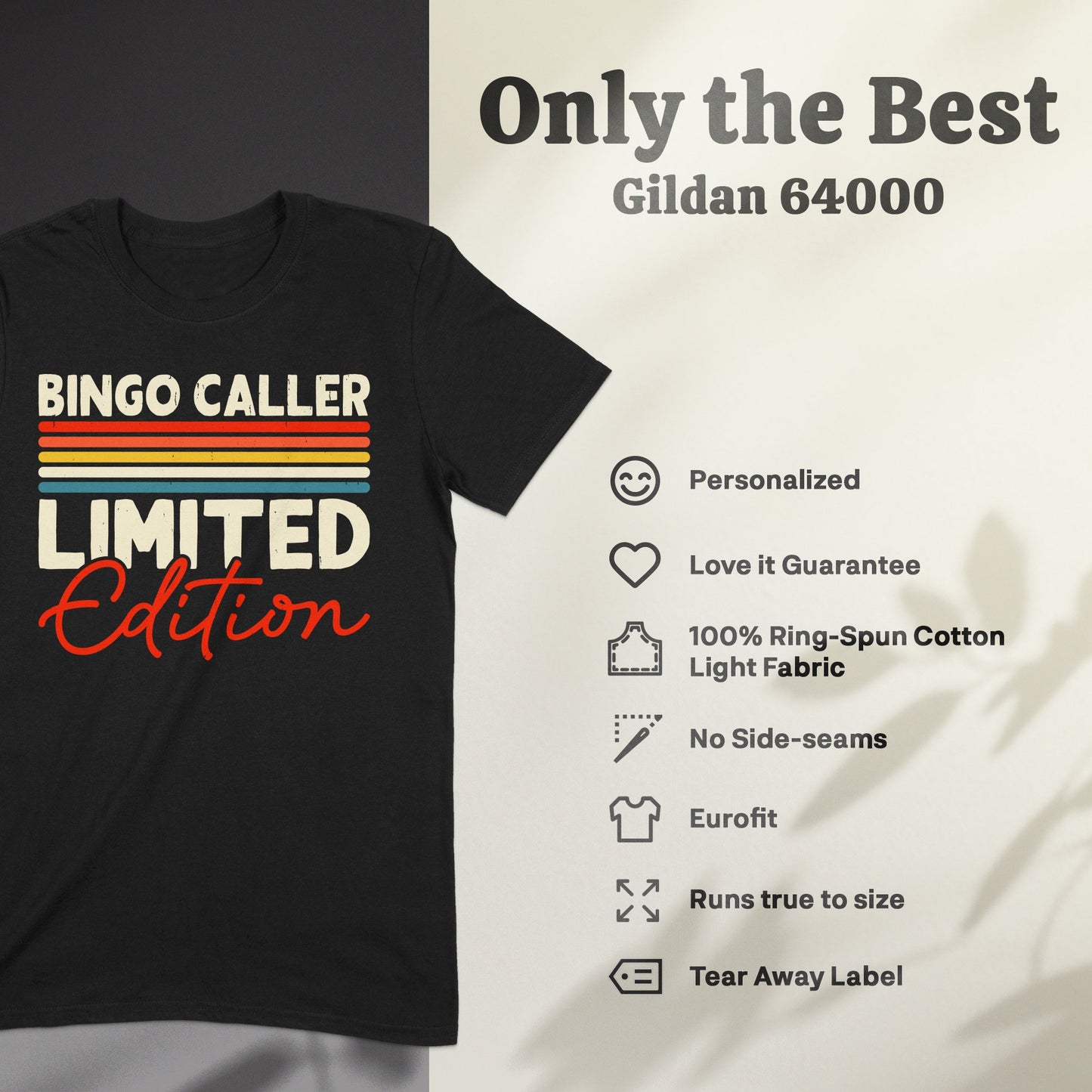 Black t-shirt with "BINGO CALLER LIMITED Edition" in colorful text.