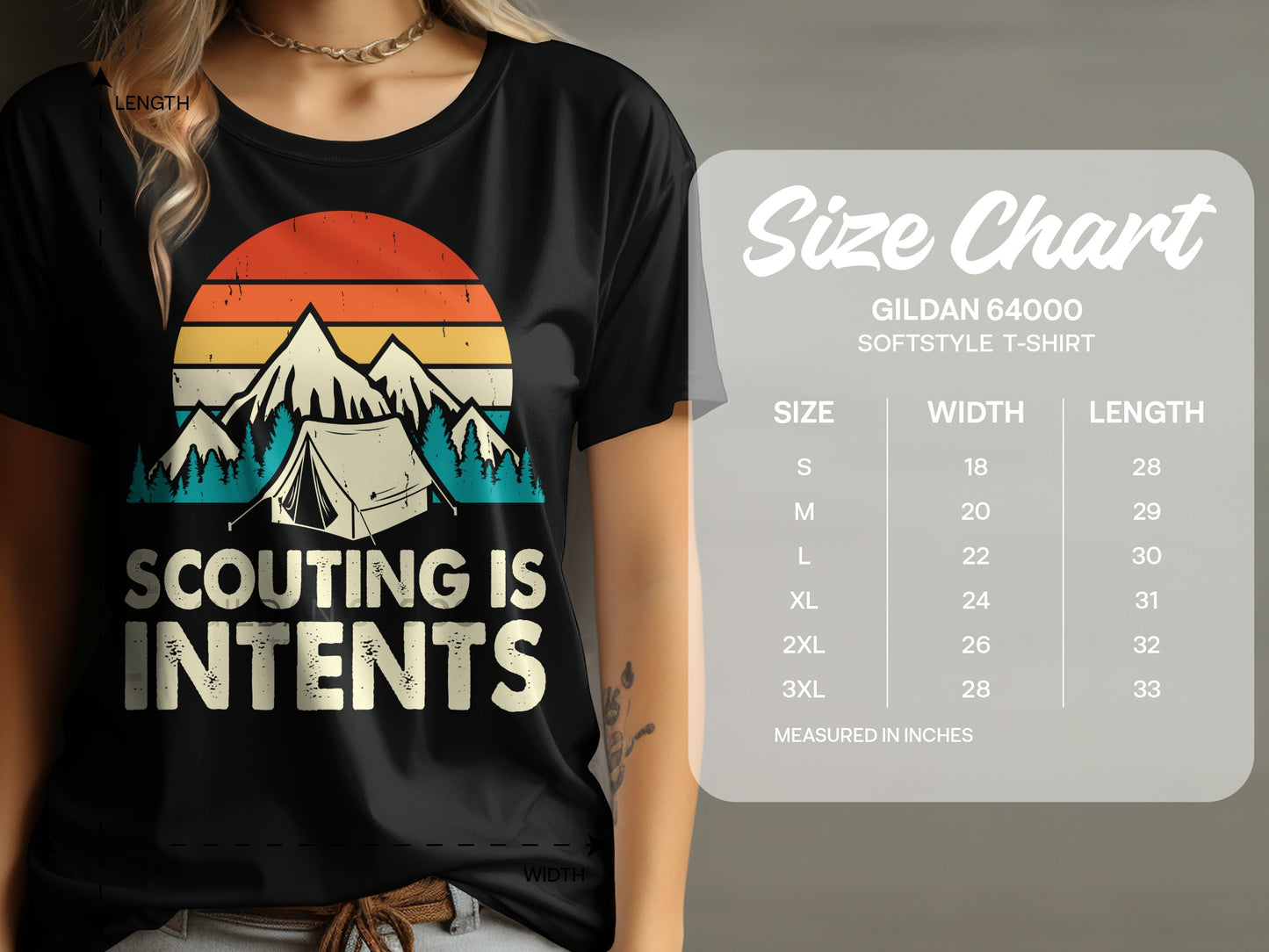 Black t-shirt with vintage mountain and tent graphic, "SCOUTING IS INTENTS" text, and size chart.