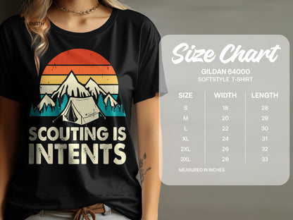 Black t-shirt with vintage mountain and tent graphic, "SCOUTING IS INTENTS" text, and size chart.