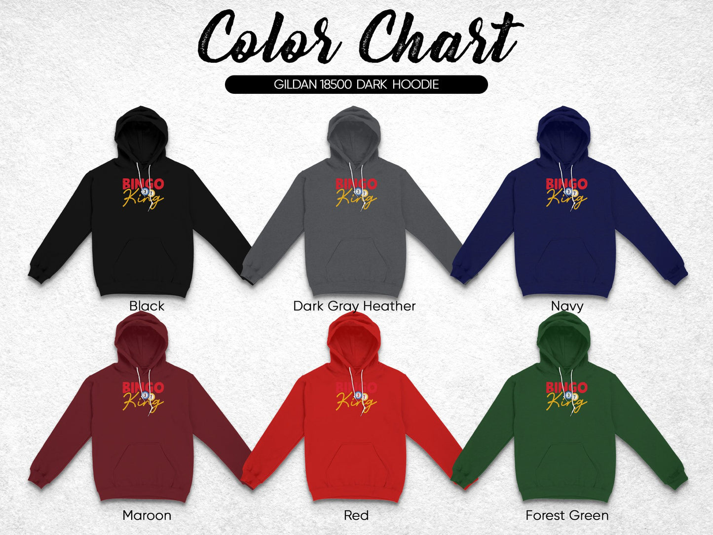 Gildan 18500 dark hoodie color chart with black, dark gray, navy, maroon, red, and forest green options.