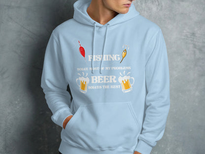 Light blue hoodie with fishing and beer graphic and text.