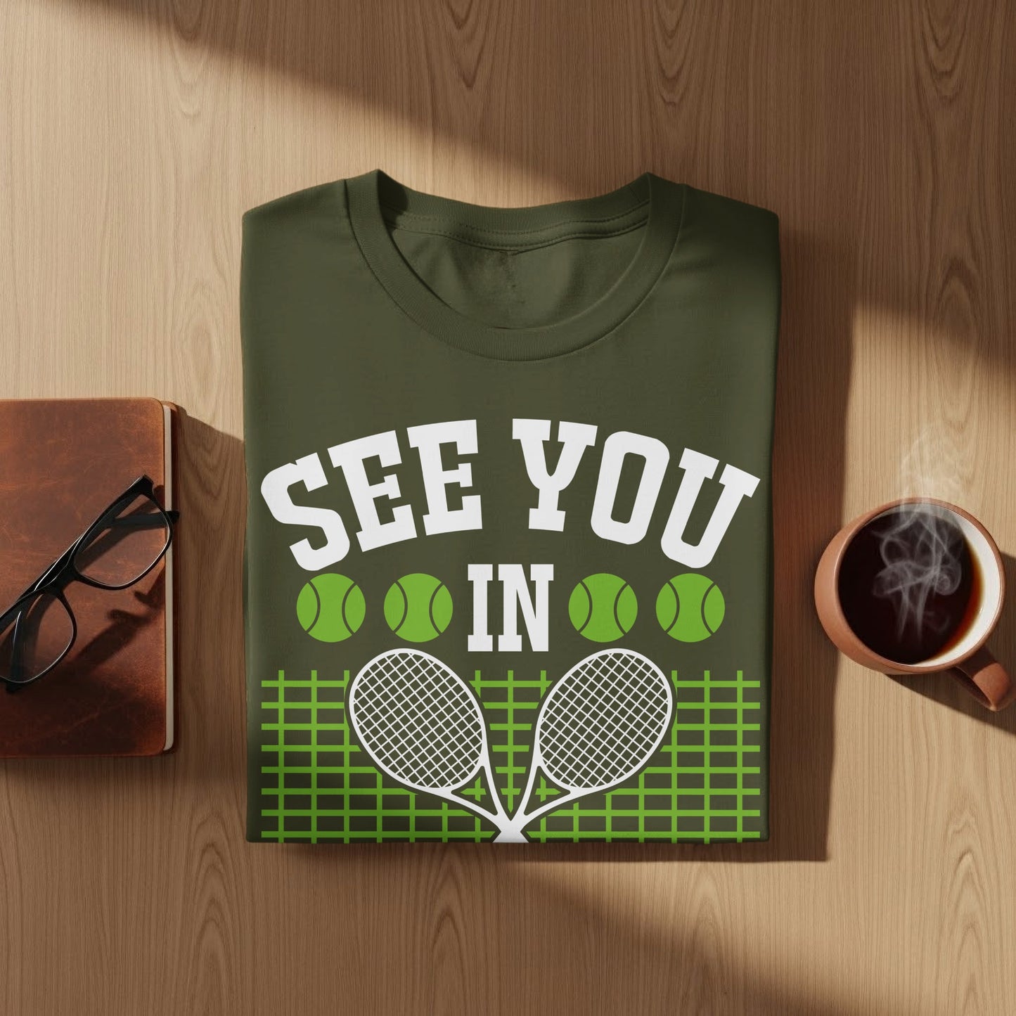 Green t-shirt with "See You In" and tennis rackets.