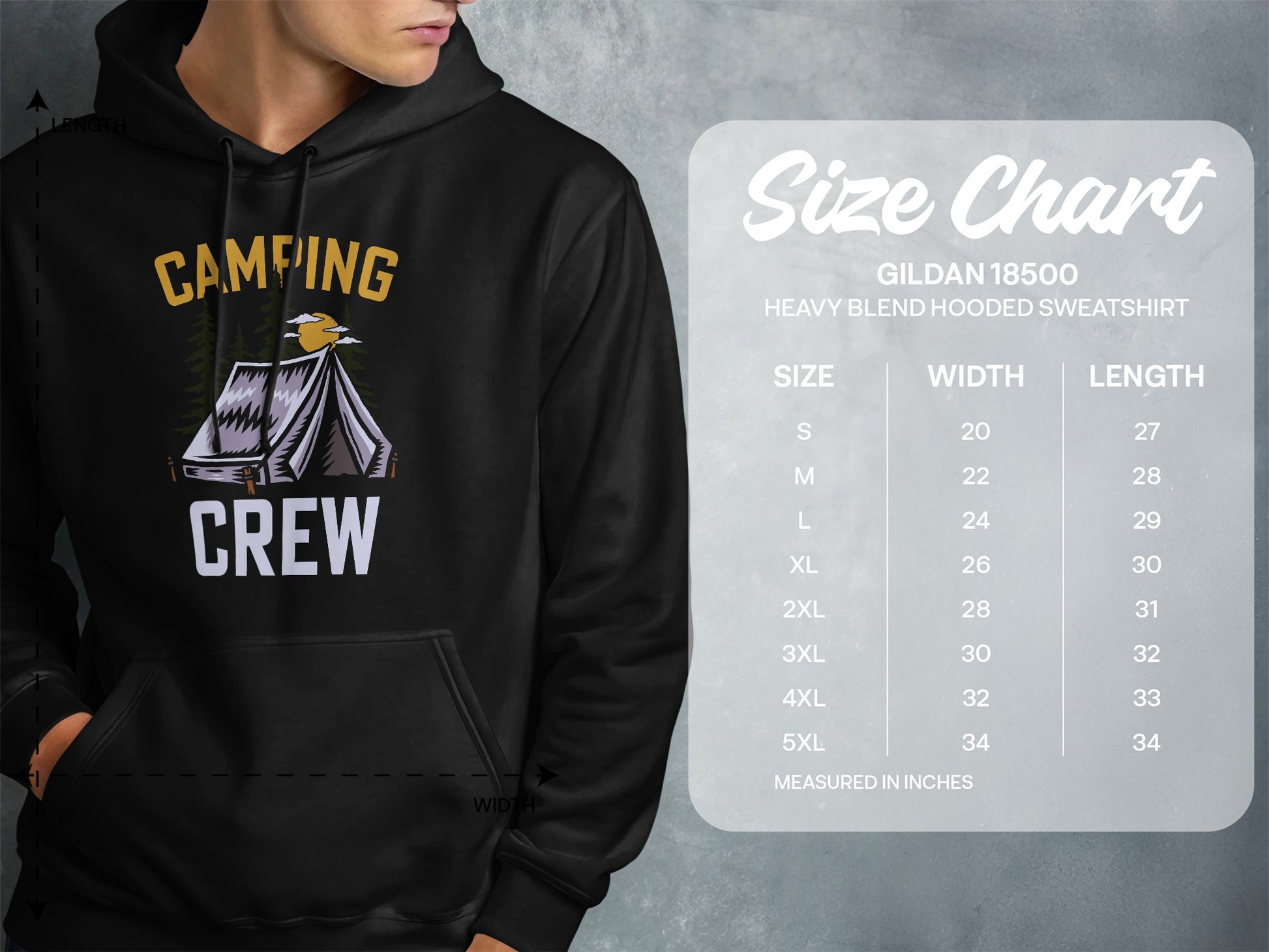 Gildan 18500 Heavy Blend hooded sweatshirt size chart with measurements.