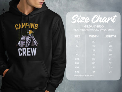 Gildan 18500 Heavy Blend hooded sweatshirt size chart with measurements.