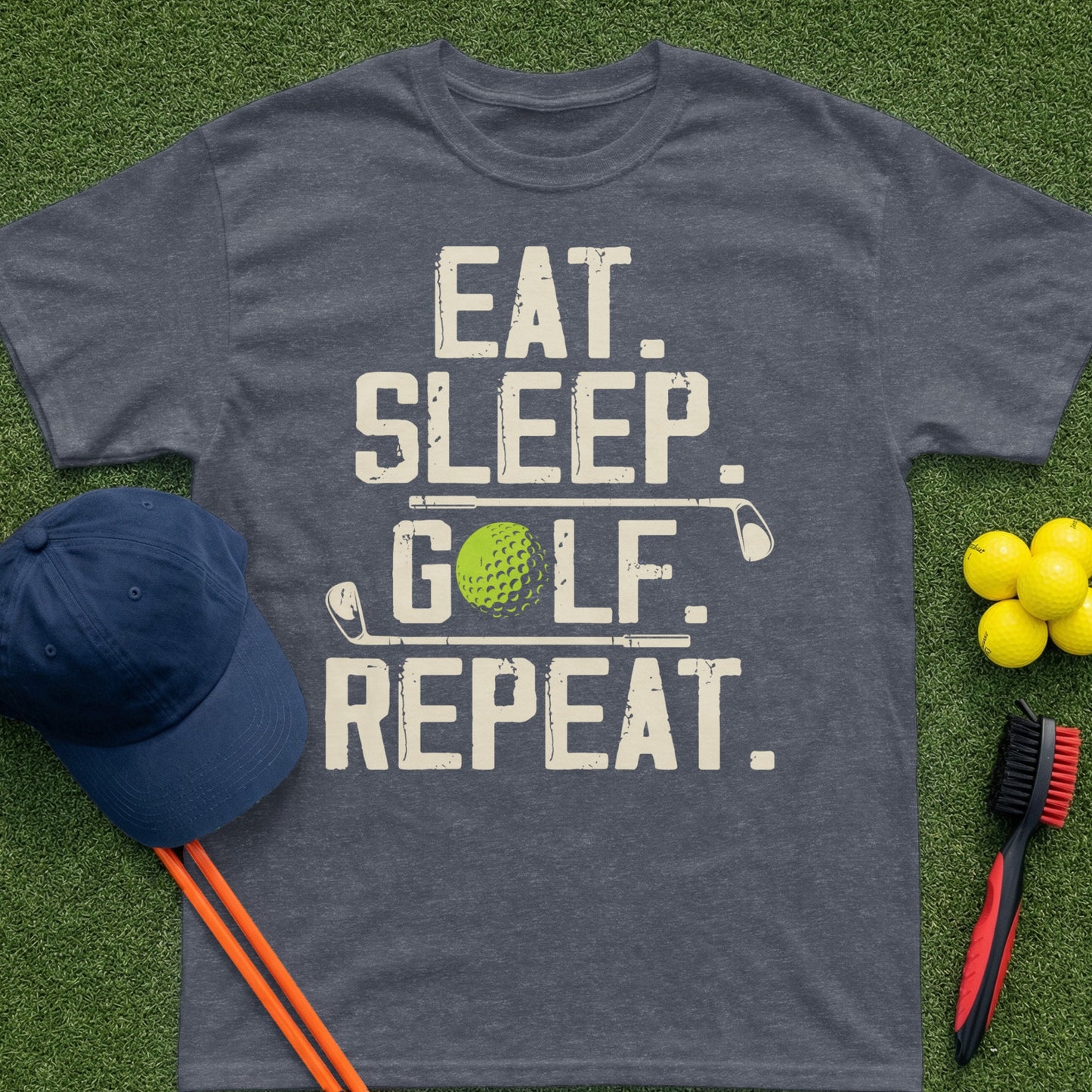 Gray t-shirt with "Eat. Sleep. Golf. Repeat." text and golf ball graphic.