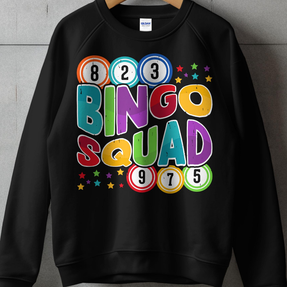 Black sweatshirt with "BINGO SQUAD" in colorful letters and bingo balls.