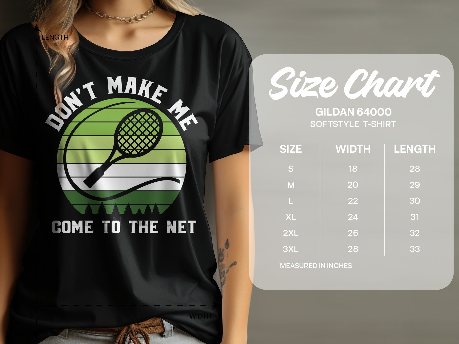 Black t-shirt with "Don't Make Me Come To The Net" and tennis graphic.