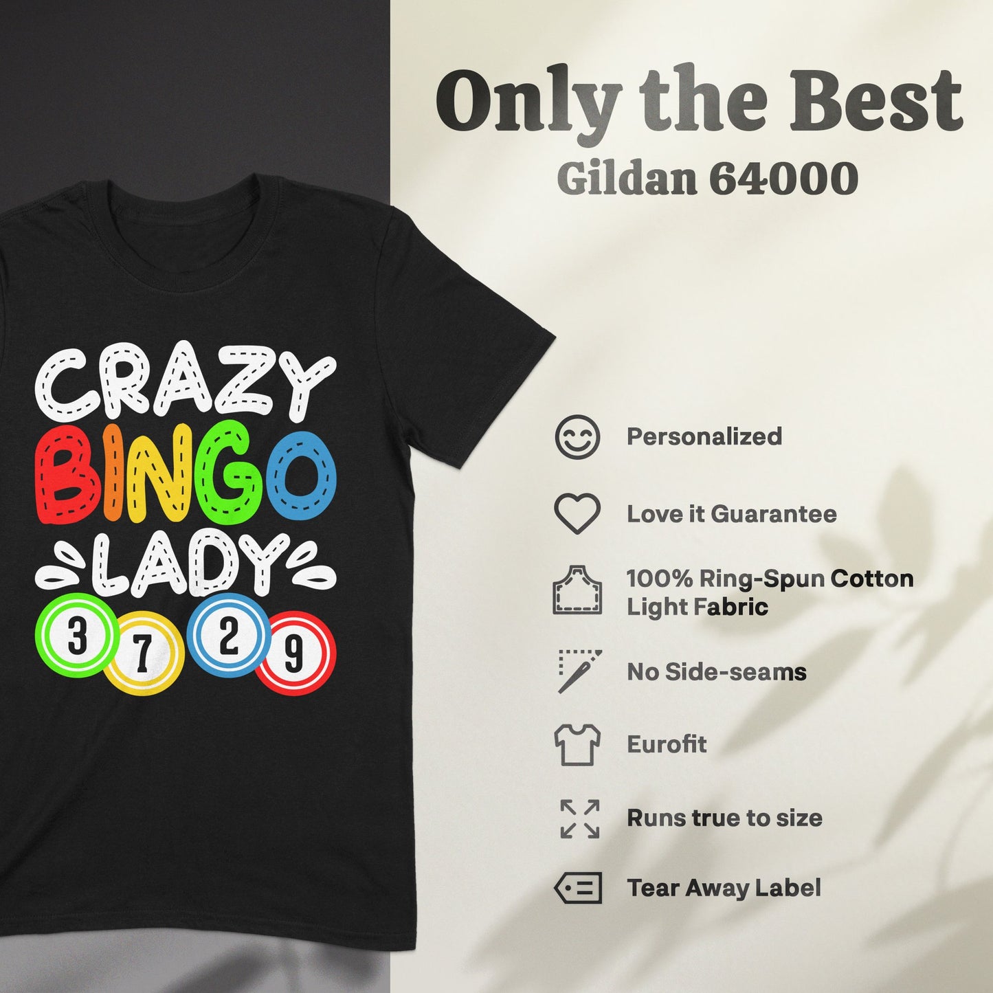 Black t-shirt with "Crazy Bingo Lady" and numbered bingo balls.