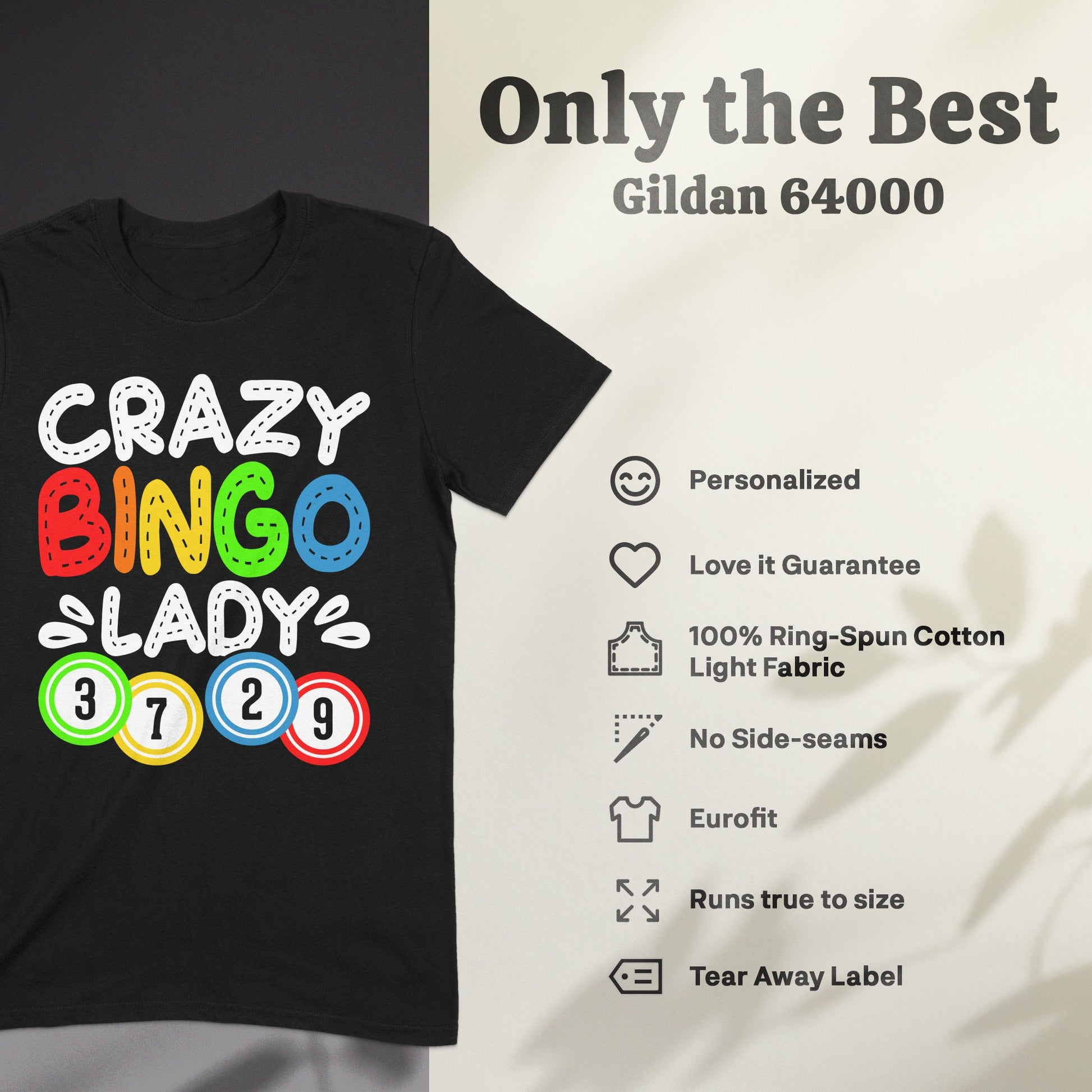 Black t-shirt with "Crazy Bingo Lady" and numbered bingo balls.