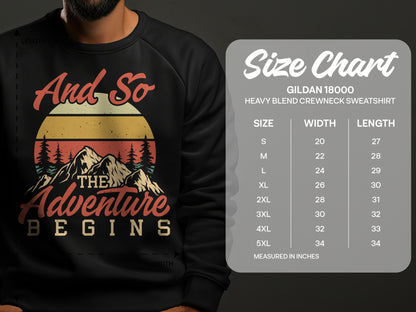 Black sweatshirt with "And So The Adventure Begins" text and a mountain sunset graphic.