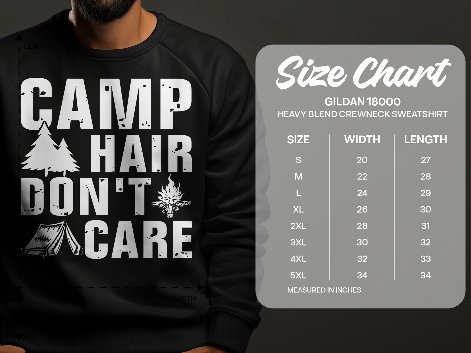 Black sweatshirt with "CAMP HAIR DON'T CARE" graphic and size chart.