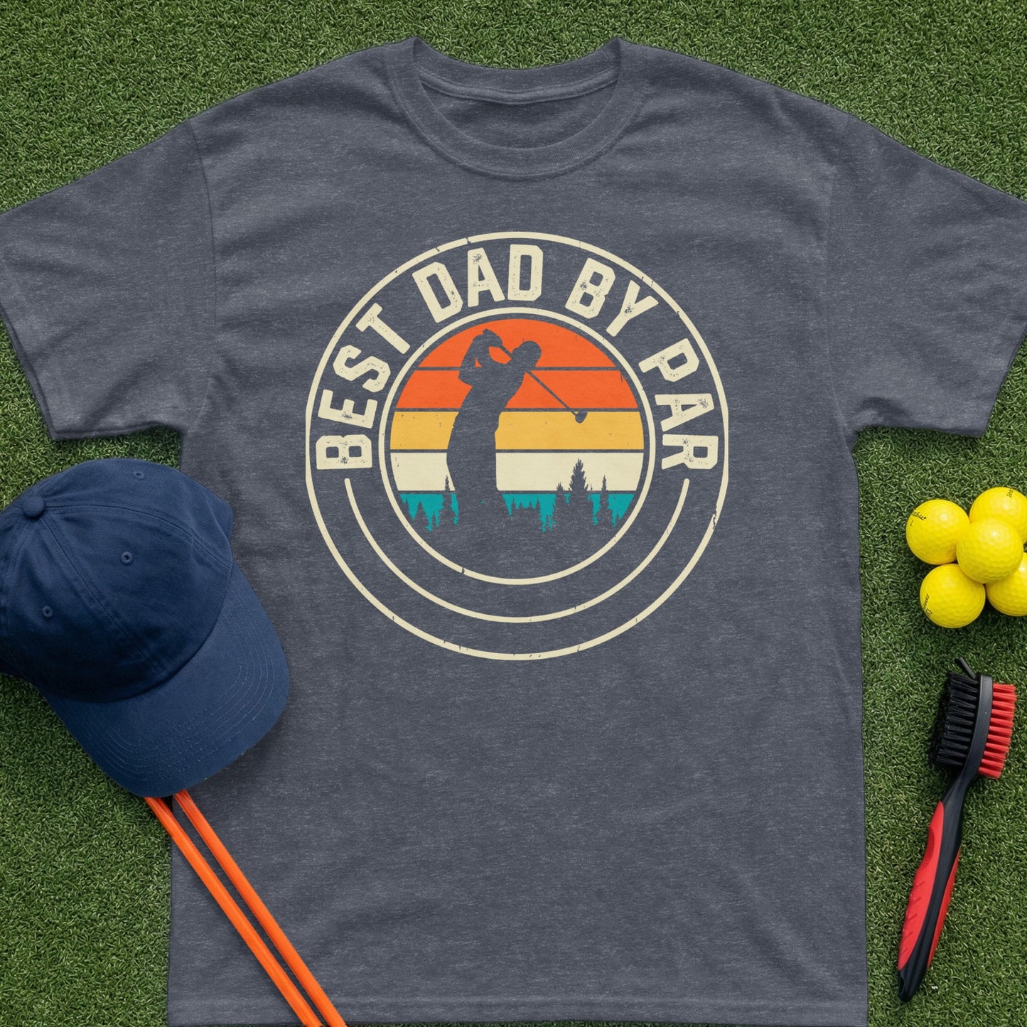 Dark grey t-shirt with "Best Dad by Par" text and golfer silhouette design.