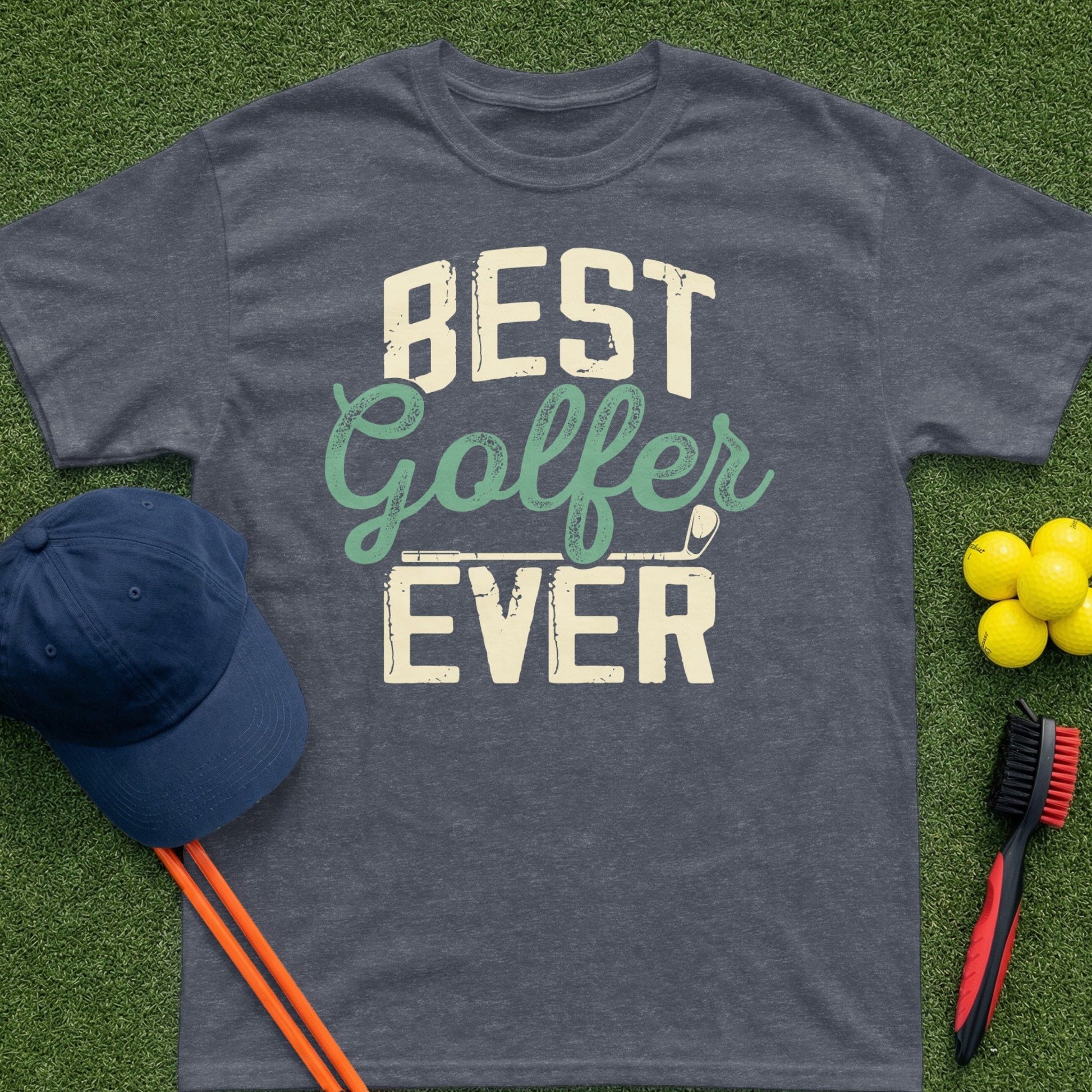 T-shirt with "BEST Golfer EVER" text, on a golf course background.