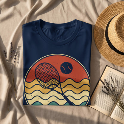 Navy t-shirt with vintage tennis sunset graphic and straw hat.