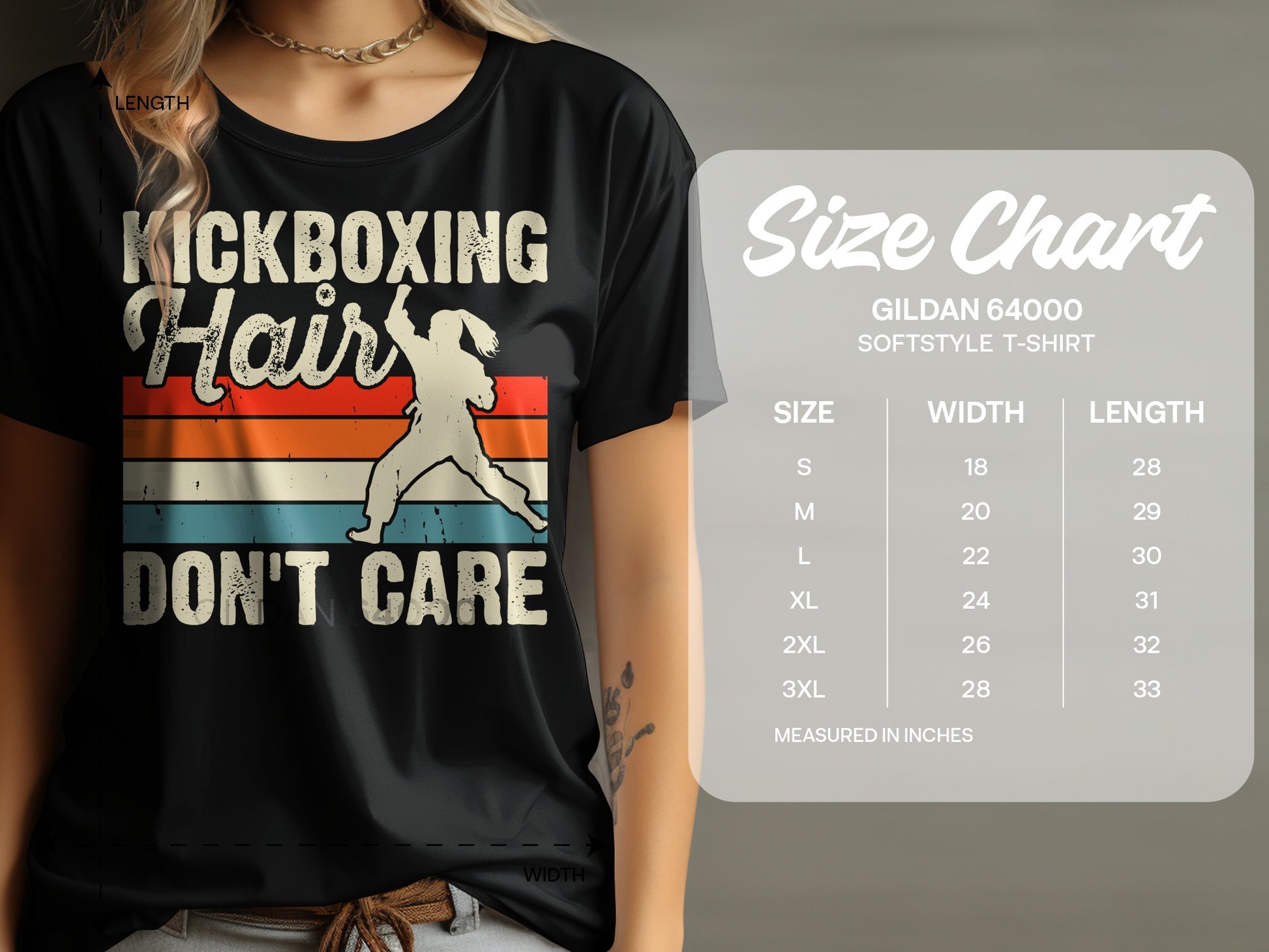 Black t-shirt with "KICKBOXING Hair DON'T CARE" graphic and size chart.