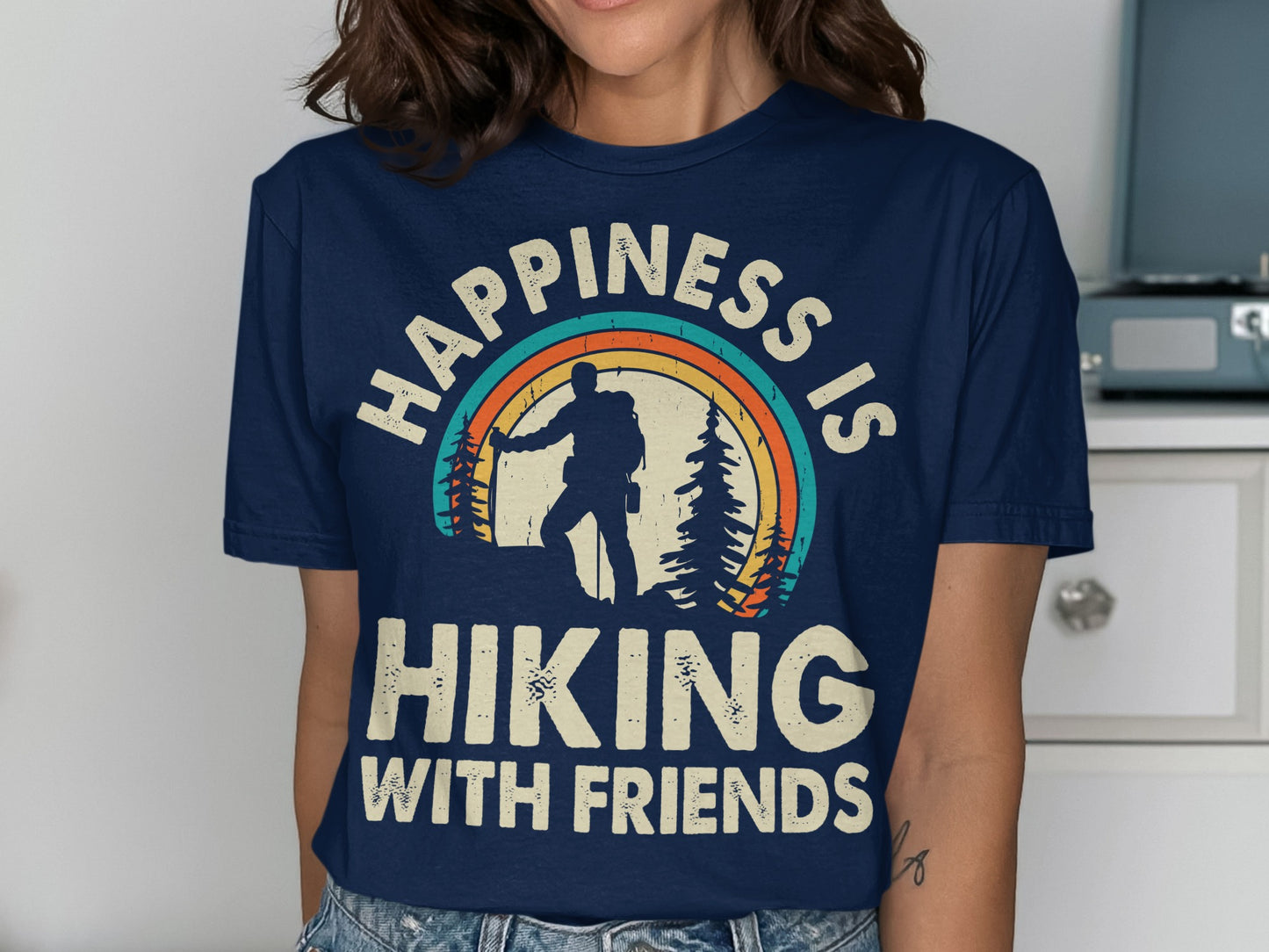 Navy t-shirt with "Happiness is Hiking with Friends" text and mountain graphic.