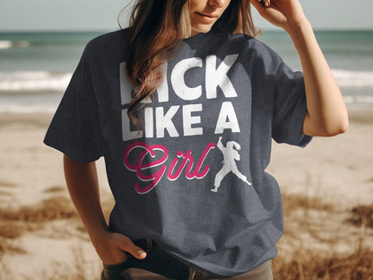 Dark gray t-shirt with "Lick Like A Girl" text and graphic of a person running.
