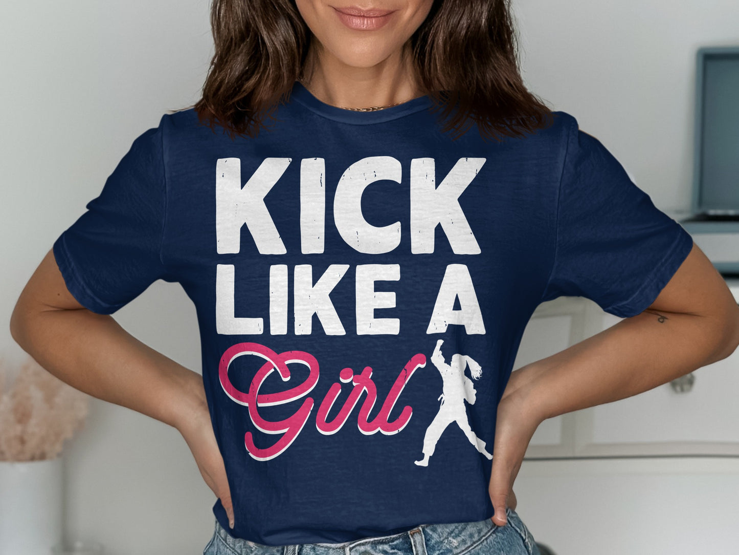 Navy t-shirt with "KICK LIKE A Girl" text and a running figure.