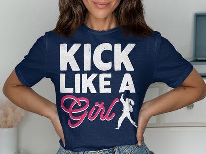 Navy t-shirt with "KICK LIKE A Girl" text and a running figure.