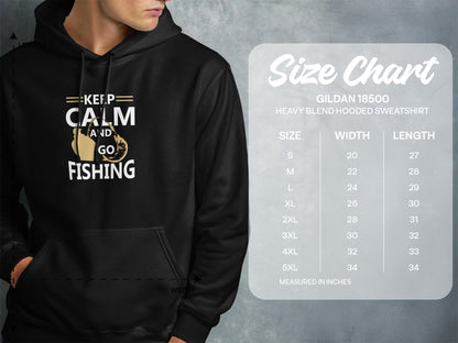 Hooded sweatshirt with "Keep Calm and Go Fishing" graphic and size chart.