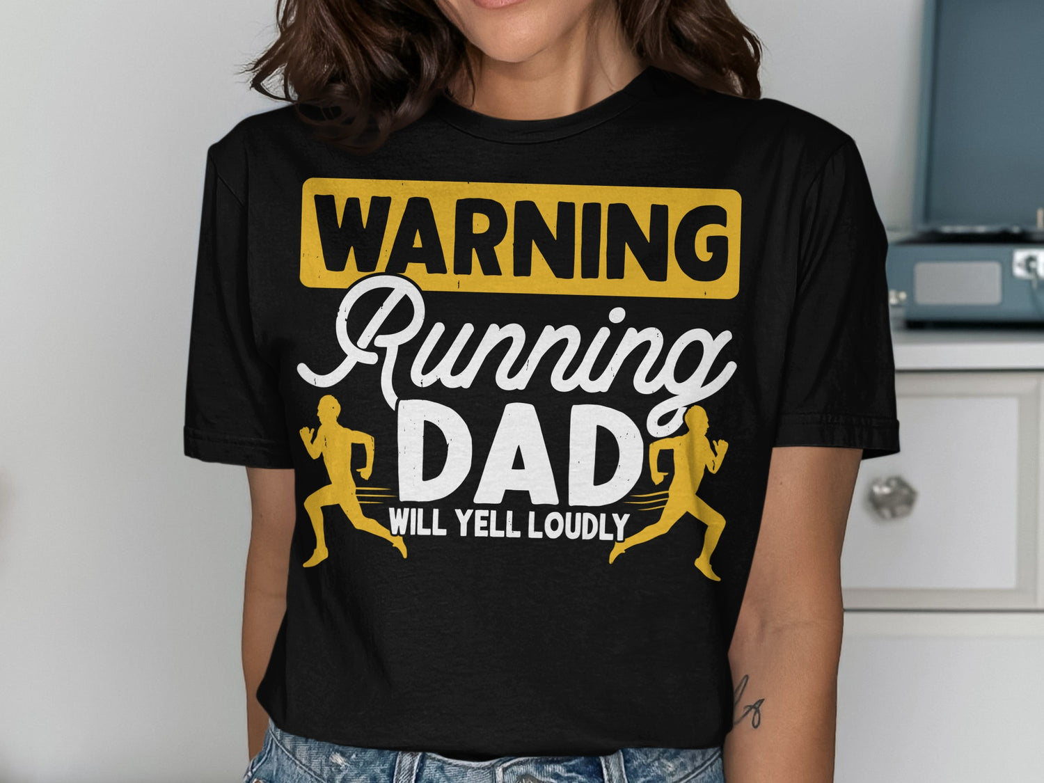 Black t-shirt with "Warning: Running Dad Will Yell Loudly" and running figures.