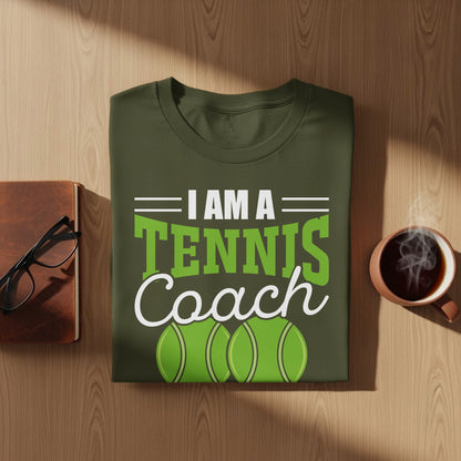 Green t-shirt with "I AM A TENNIS COACH" text and two tennis balls.