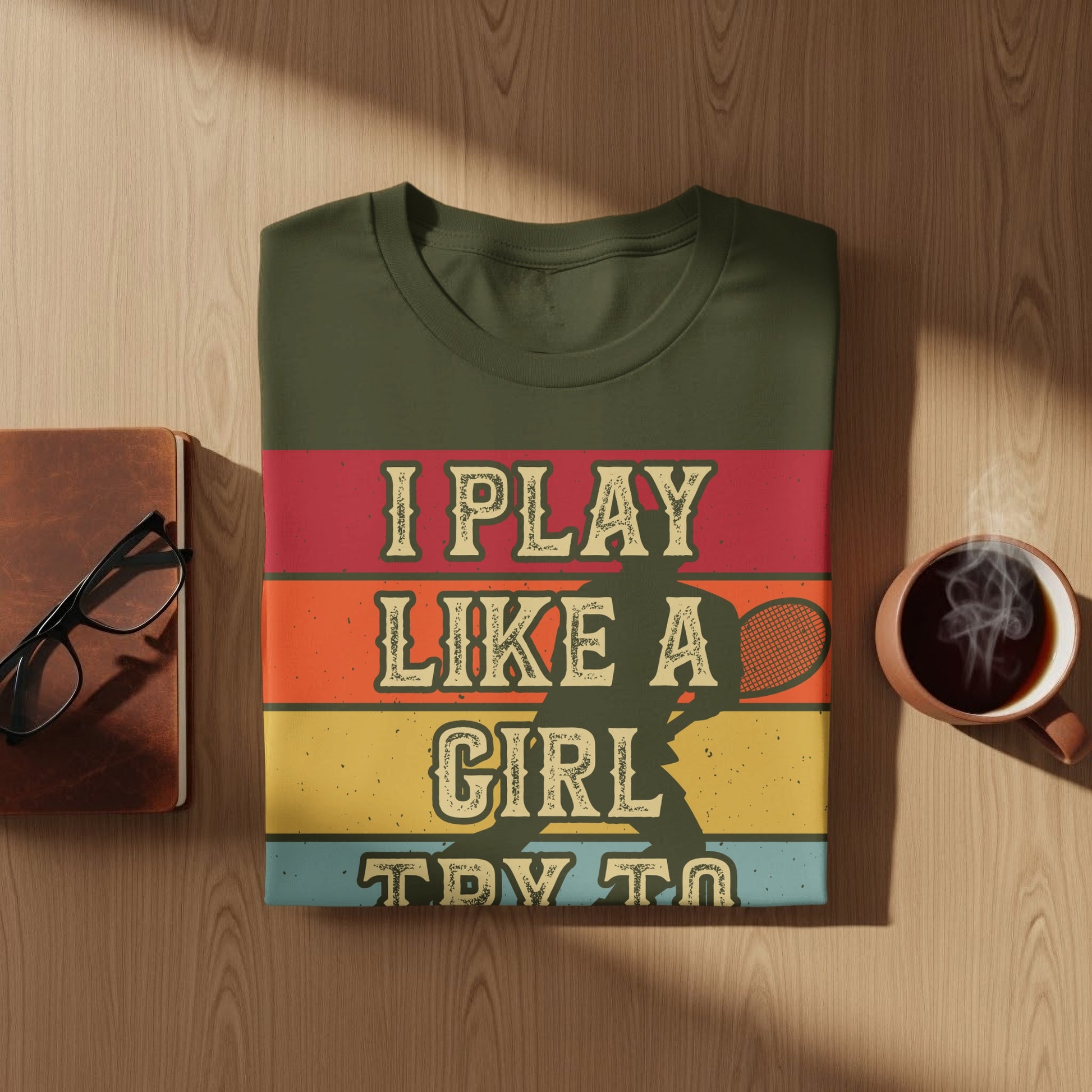 Olive green t-shirt with "I PLAY LIKE A GIRL TRY TO" text and tennis racket graphic.