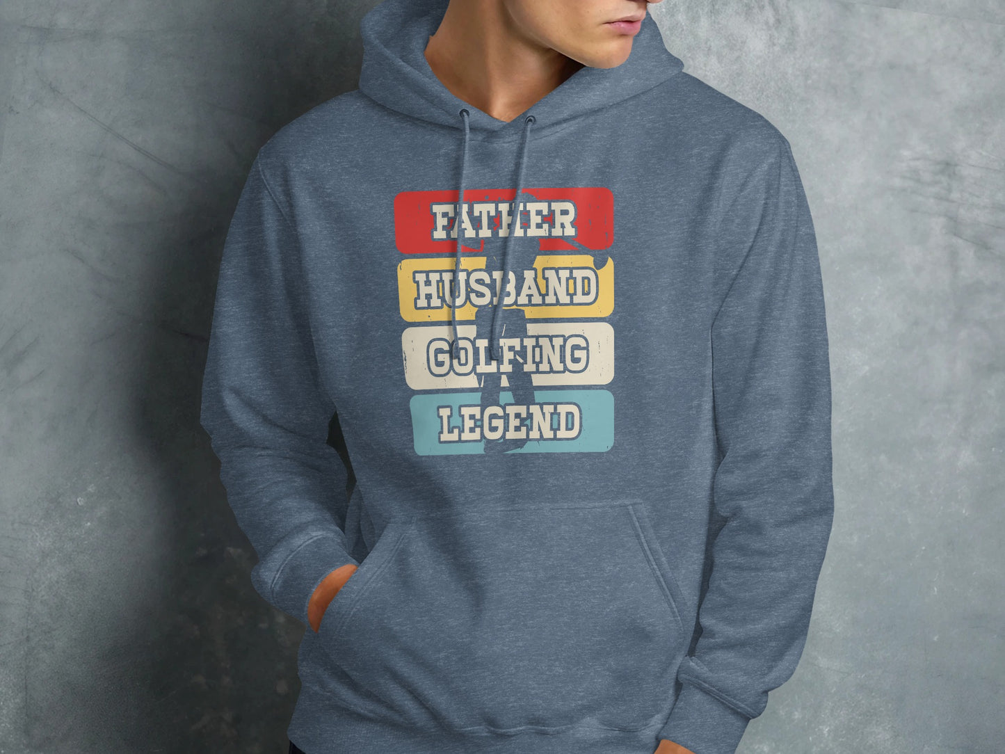 Blue hoodie with "Father Husband Golfing Legend" text.